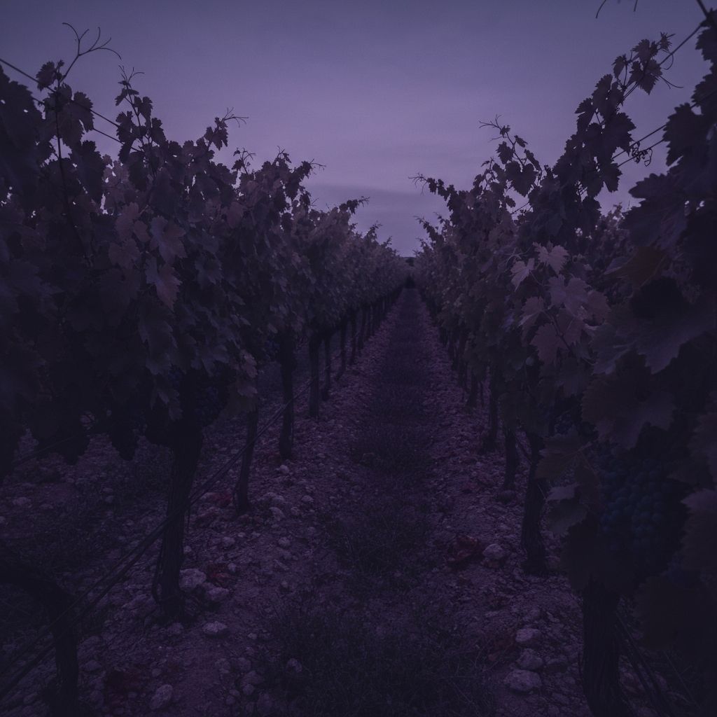 Viñedo español al atardecer con tonos profundos